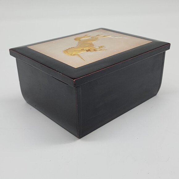 Gold Unicorn Black Lacquered Decorative Wooden Trinket Box With Velvet Interior - Picture 6 of 8
